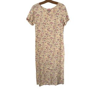 Y2K 90s Emily Spencer Short Sleeve Floral Midi Dress Womens S Cream Rayon Boho